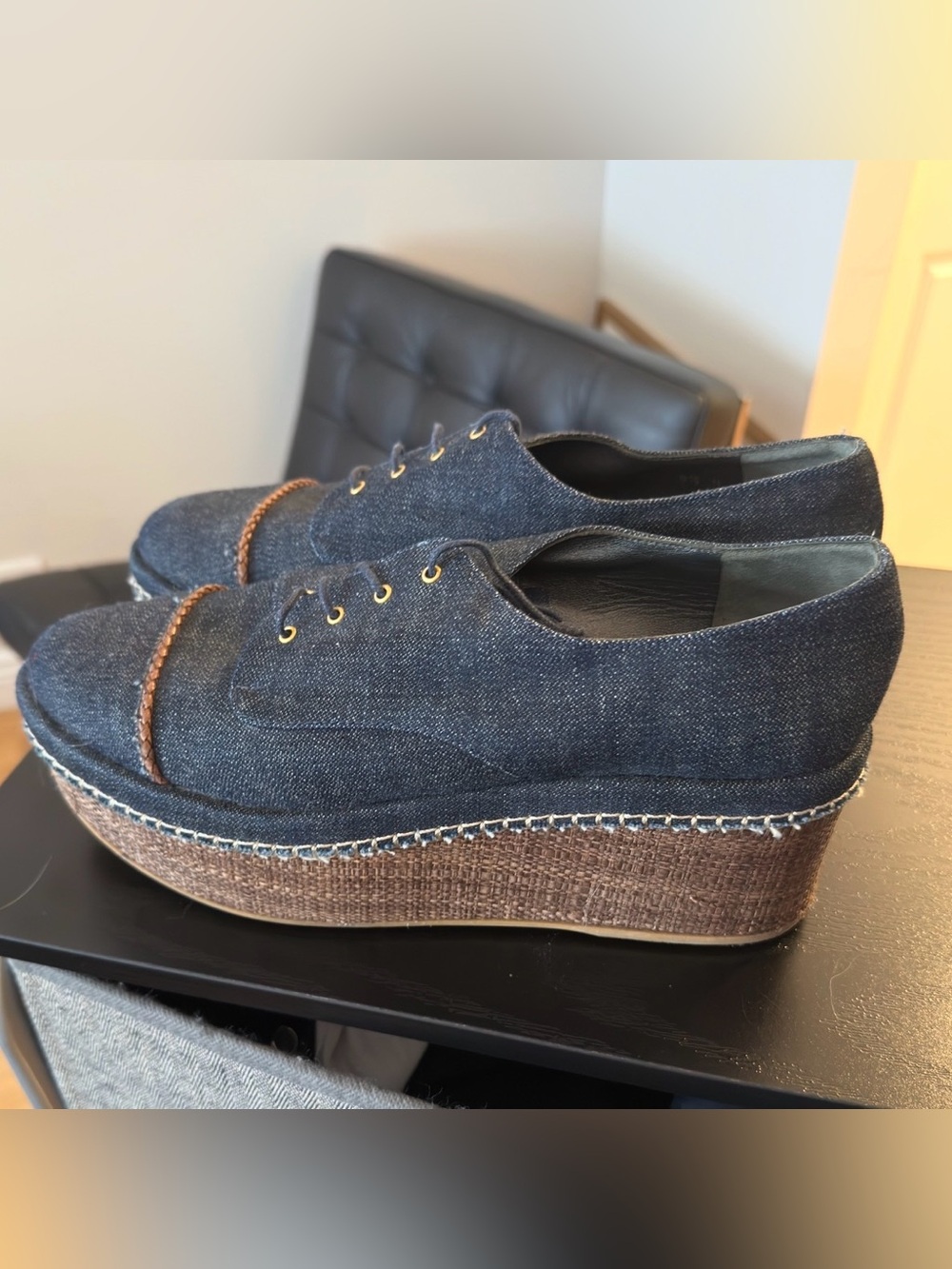 Stuart Weitzman Navy Denim Platform Lace-Up Shoes with Brown Braided Trim